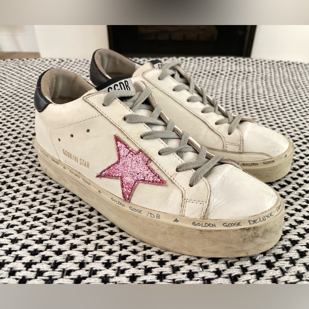 Golden Goose Hi Star Platform Sneakers White Leather Pink Glitter 39 size 8.5 - Picture 3 of 11